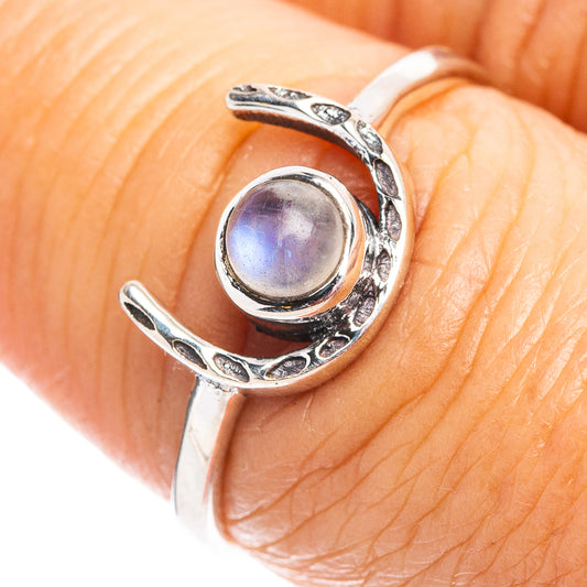 Dainty sterling silver horseshoe ring with round rainbow moonstone cabochon center