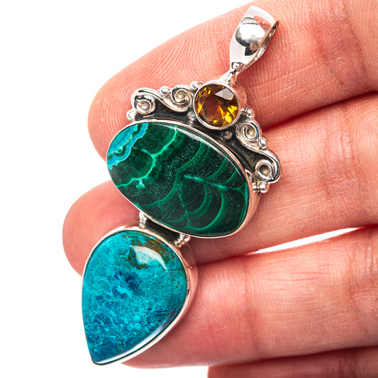 Premium Southwestern Style Shattuckite, Malachite, Citrine Pendant 2 1/8" (.925 Sterling Silver)