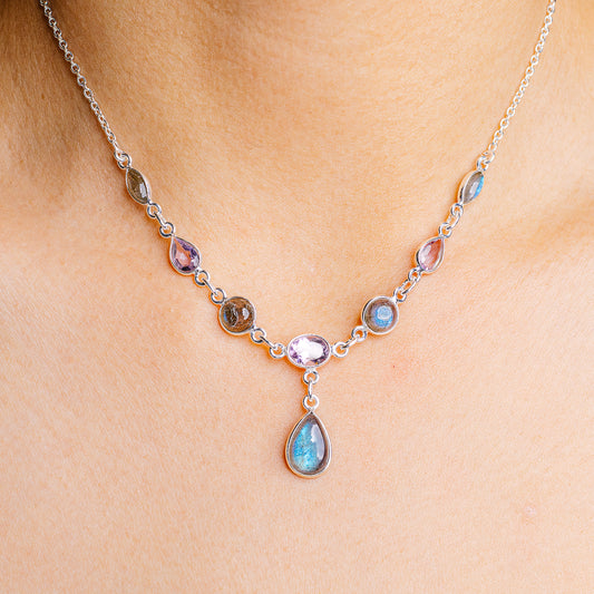 Sterling silver necklace with multi-color gemstone chain and teardrop blue pendant