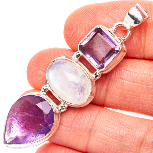 Sterling silver pendant with amethyst teardrop, moonstone oval, amethyst square