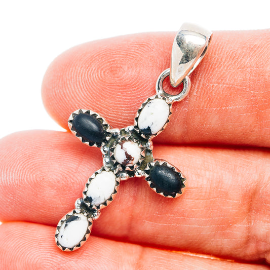 Southwestern Style White Buffalo Turquoise Cross, Wild Horse Jasper Pendant 1 5/8" (.925 Sterling Silver)