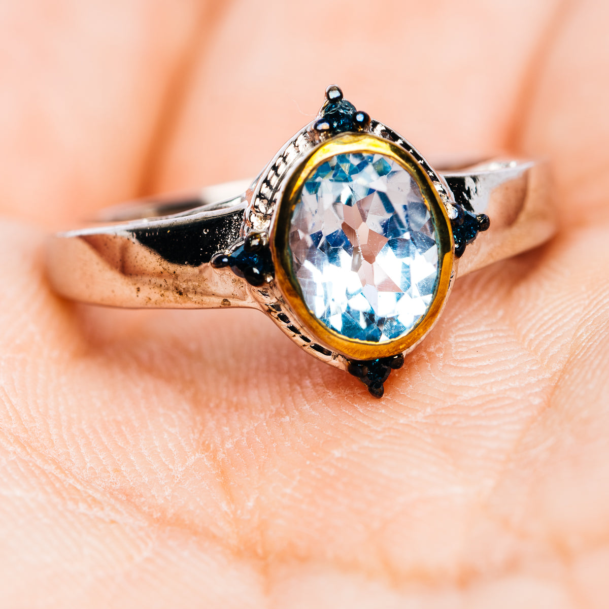 Blue Topaz, Blue Diamond Ring Size 7.5 (.925 Sterling Silver)