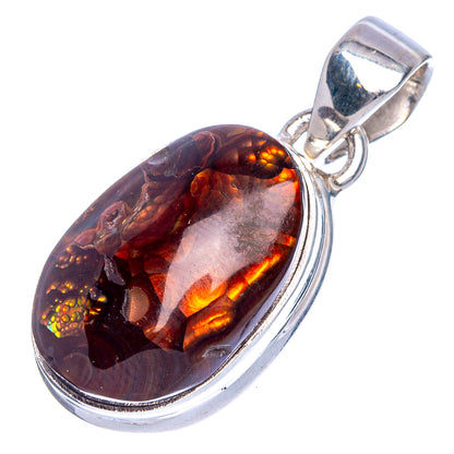 Sterling silver fire agate pendant bail, oval dark stone with orange-yellow fire detail