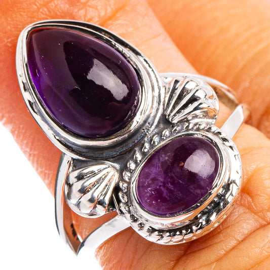 Amethyst gemstone ring in .925 sterling silver, double oval purple stones