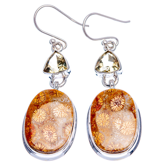 Sterling silver drop earrings with oval fossil-like amber cabochon and smoky yellow triangle top