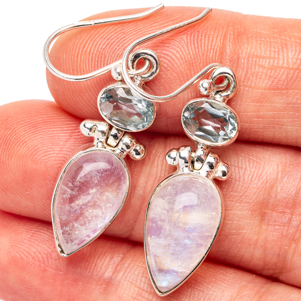 Rainbow Moonstone, Blue Topaz Earrings 1 5/8" (.925 Sterling Silver)