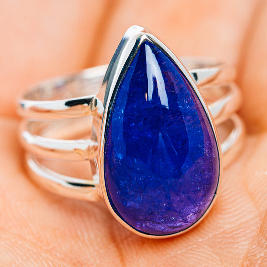 Sterling silver tanzanite teardrop ring, blue center stone, open band
