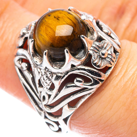 Tiger's eye inlay sterling silver filigree ring, round bezel with engraved details