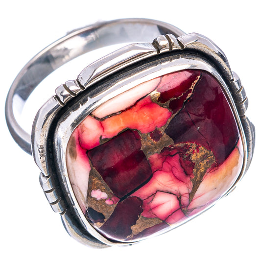 Sterling silver oval ring with red marbled gemstone and gold matrix, open band detail
