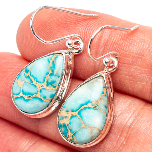 Turquoise teardrop jasper earrings in .925 sterling silver, curved fishhook style