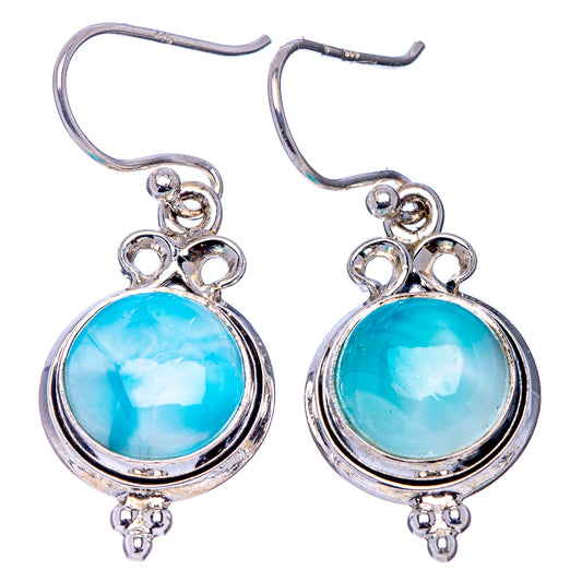 Ornate drop earrings with round blue larimar cabochons and .925 sterling hooks