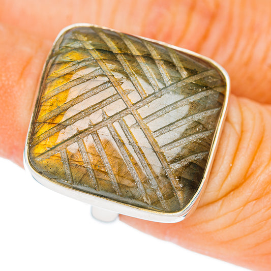 Premium Hand Carved Labradorite Ring Size 6.5 Adjustable (.925 Sterling Silver)