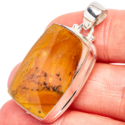 Dendritic scenic agate pendant in sterling silver, amber cabochon with dark inclusions