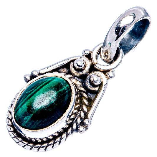 Sterling silver malachite pendant with oval green stone, decorative prongs, and bail