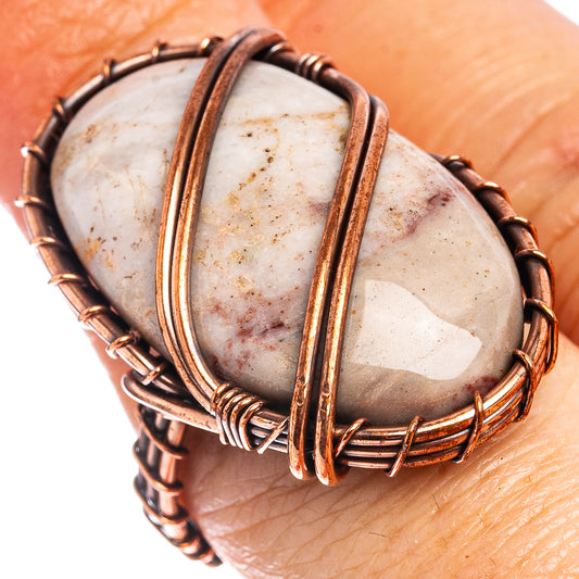 Oxidized copper wire-wrapped teardrop agate ring with twin center bands