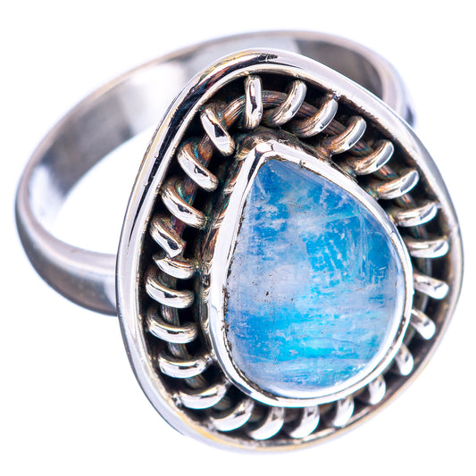 Blue moonstone teardrop ring, .925 sterling silver braided band, angled view