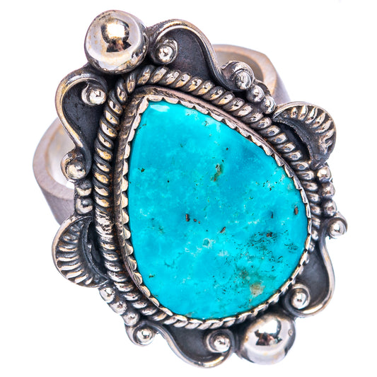 Sterling silver turquoise teardrop cabochon ring, raised scalloped bezel and beaded trim