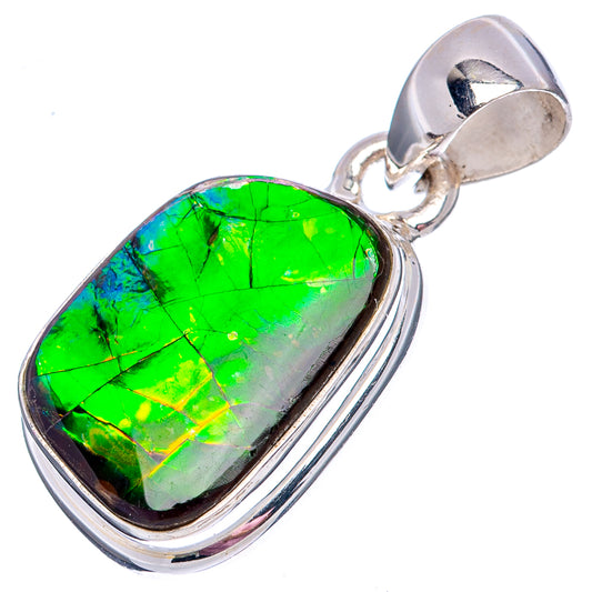 Sterling silver ammolite pendant with bezel-set oval green iridescent gemstone