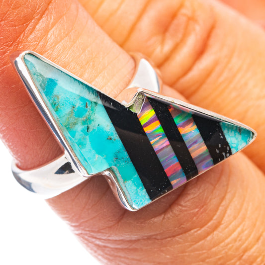 Sterling silver opal bolt ring with turquoise cabochon, black inlay, multicolor stripe