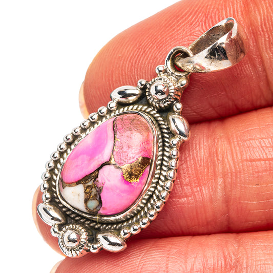 Sterling silver oval pendant with pink, white, and gold-tone mosaic cabochon