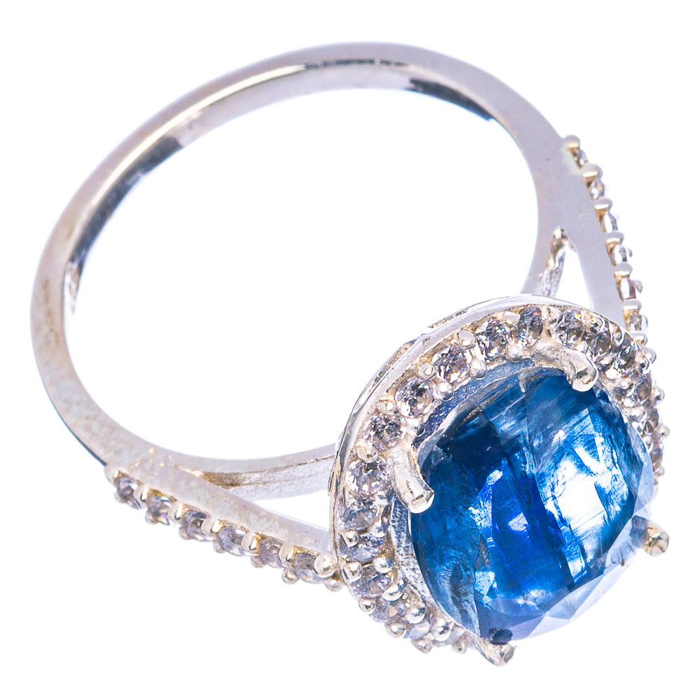 Sterling silver ring with blue faceted kyanite oval and cubic zirconia band accents