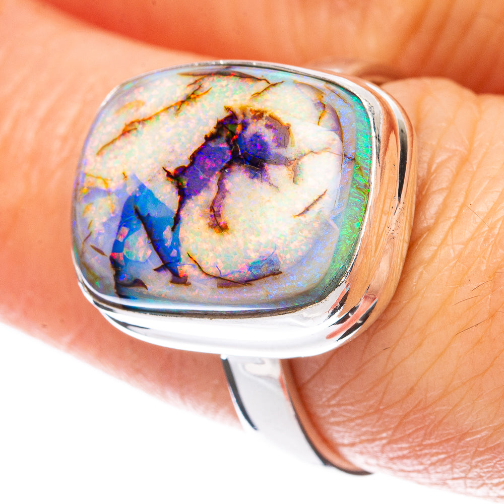 Oval opal ring in 925 sterling silver, colorful marbled stone setting