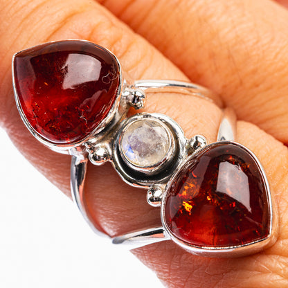 Baltic Amber, Rainbow Moonstone Ring Size 8 (925 Sterling Silver) R142060