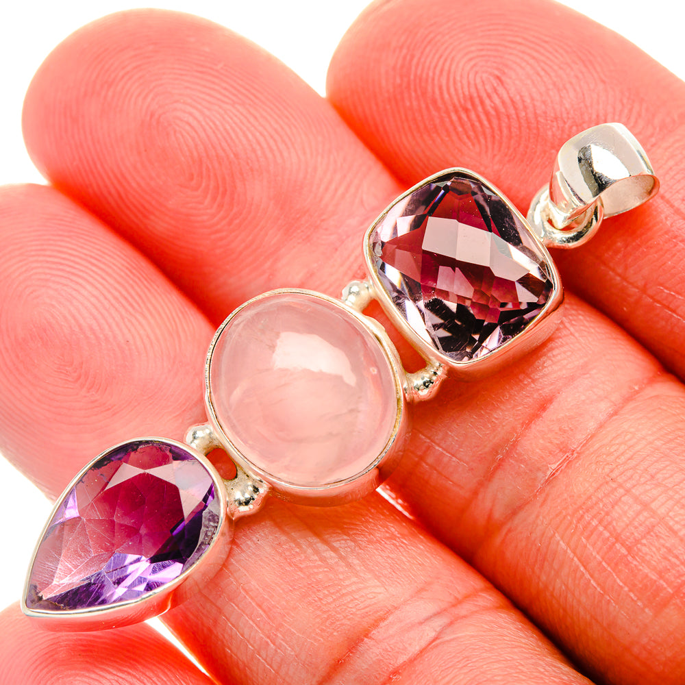925 sterling silver pendant: rose quartz cabochon, purple faceted amethyst teardrop