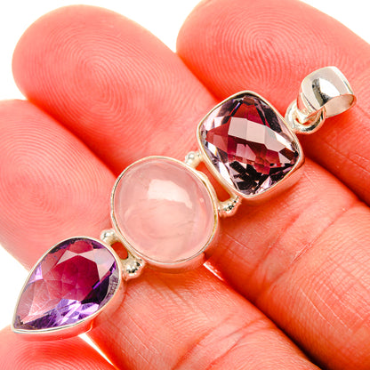 925 sterling silver pendant: rose quartz cabochon, purple faceted amethyst teardrop