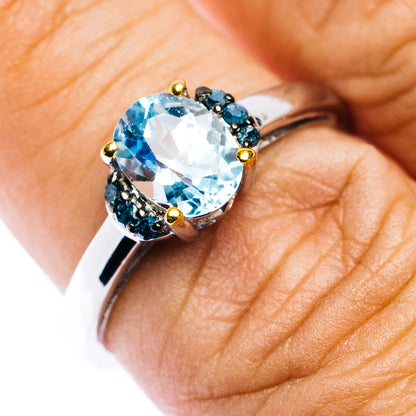 Blue Topaz, Blue Diamond Ring Size 7.75 (.925 Sterling Silver)