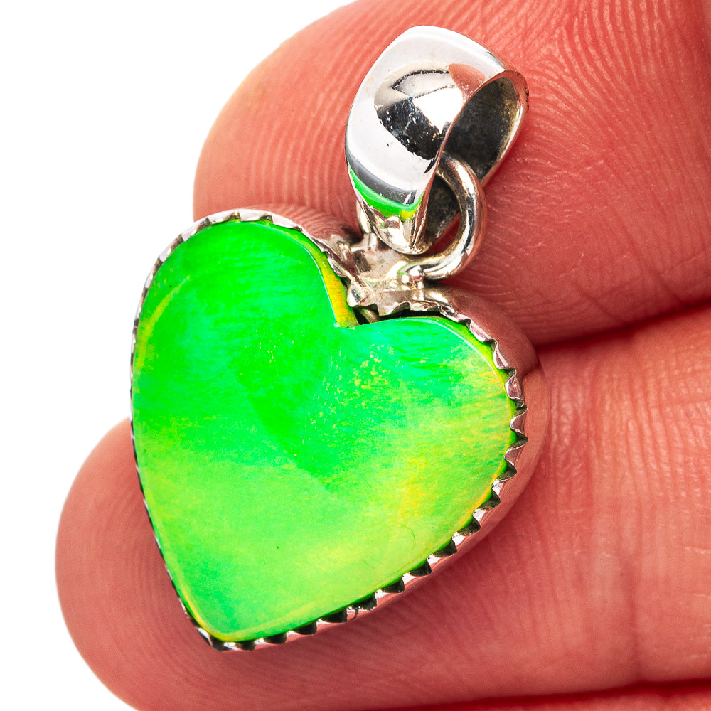 Green Aurora Opal Heart Pendant 1 1/8" (.925 Sterling Silver)