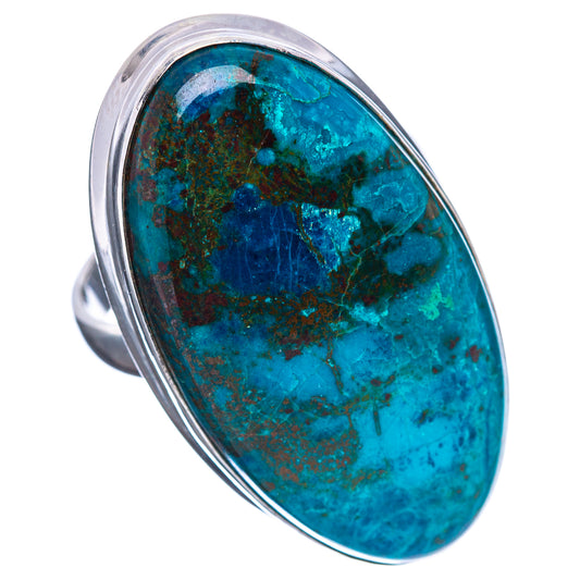 Oval Shattuckite ring with teal-blue cabochon and dark webbing, .925 sterling silver band
