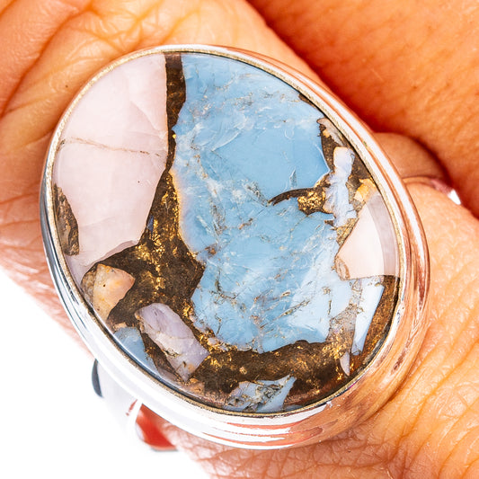 Sterling silver oval ring with blue turquoise and pink spiny oyster stone inset