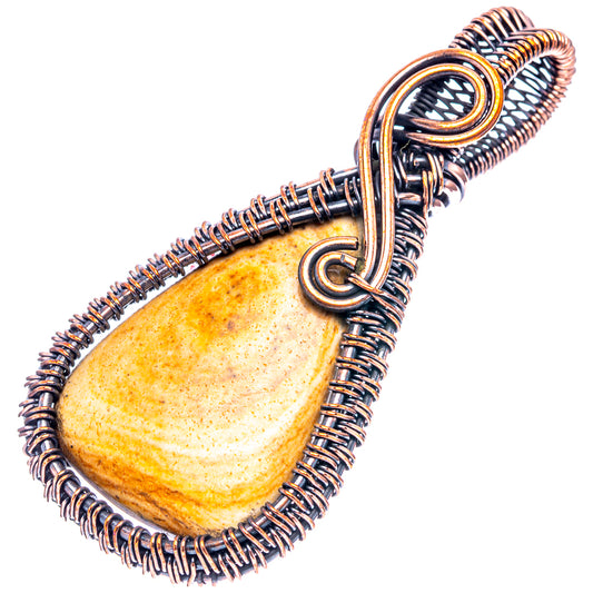 Oxidized copper wire wrap pendant with teardrop picture jasper stone and coiled frame