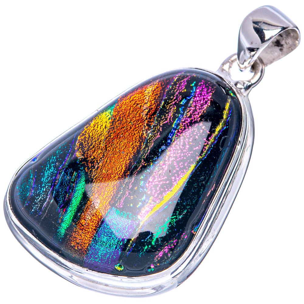 Oval dichroic glass pendant with iridescent rainbow colors and sterling silver bezel