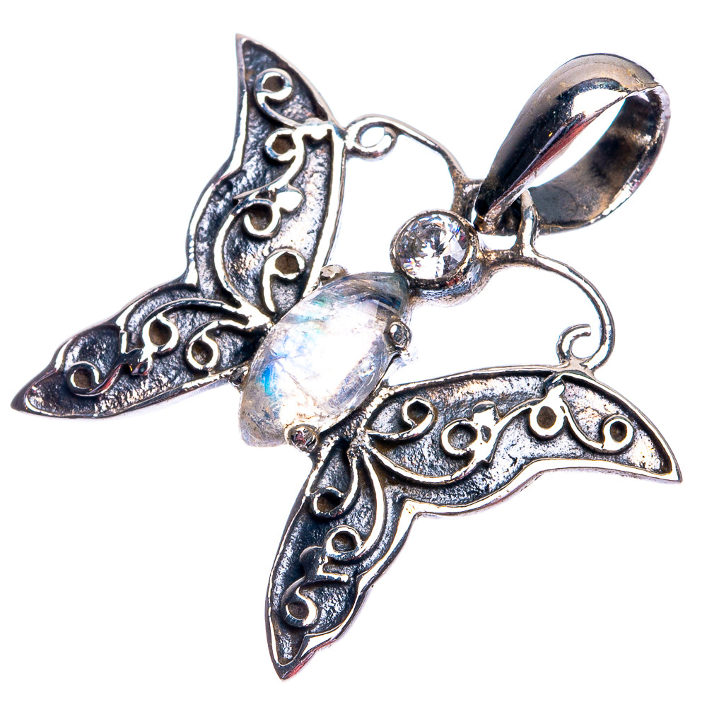 925 sterling silver filigree moonstone pendant with round accent gems, petal-like wings