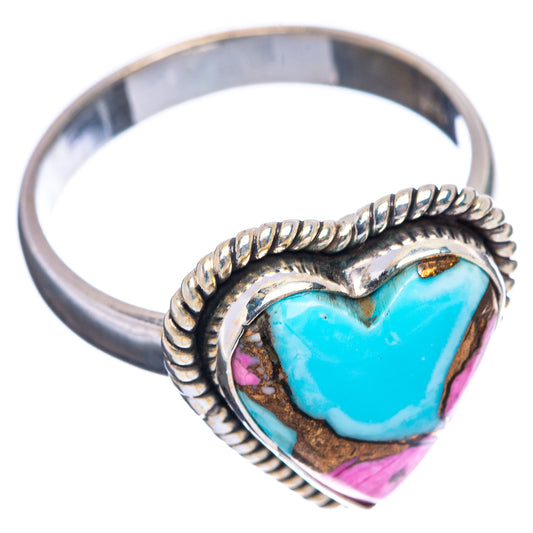 Turquoise heart ring with twisted silver band and pink inlay (.925)