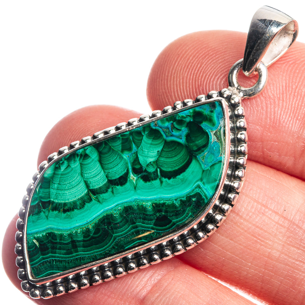 Malachite In Chrysocolla 925 Sterling Silver Pendant 1 3/4"