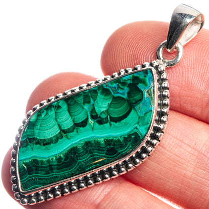 Malachite In Chrysocolla 925 Sterling Silver Pendant 1 3/4"