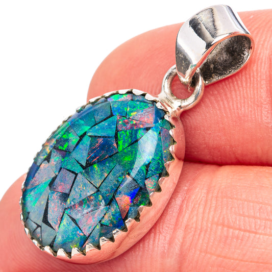 Opal pendant with oval triplet stone, blue-green mosaic in .925 sterling silver bezel