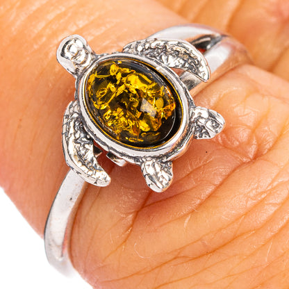 Baltic Amber Sea Turtle Ring Size 6 Adjustable (.925 Sterling Silver)