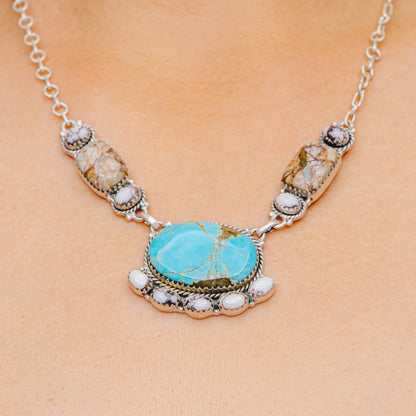 Huge Southwestern Style Santa Maria Turquoise Necklace 21" (.925 Sterling Silver)