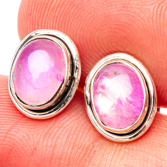 Pink moonstone oval earrings in .925 sterling silver bezel setting