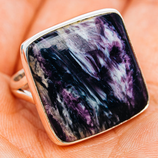 Sterling silver square cabochon ring, purple-blue stone with dark veining