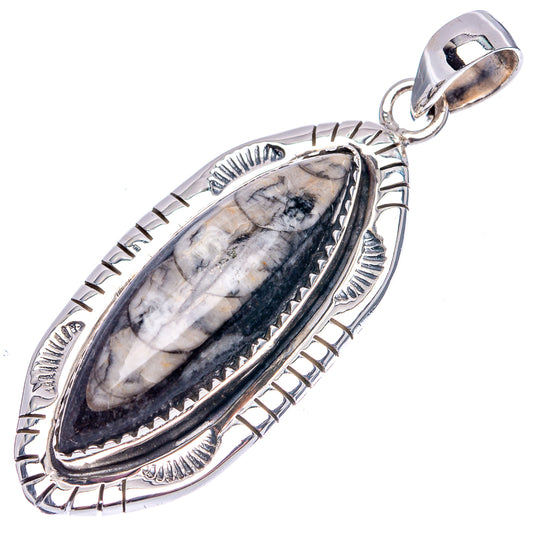 Orthoceras fossil pendant in .925 sterling silver, oval frame with detailed stone inlays