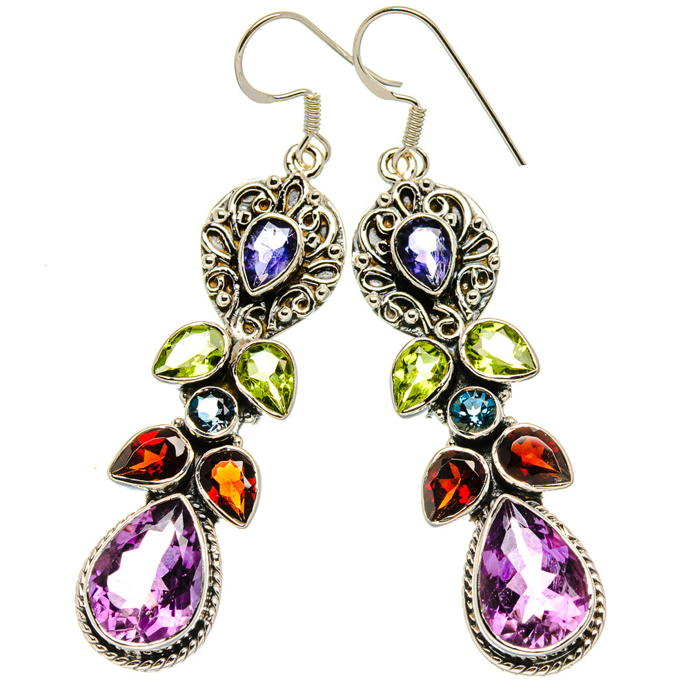 Signature Faceted Amethyst, Tanzanite, Peridot, Garnet, Blue Topaz Earrings 2 5/8" (925 Sterling Silver) EARR431983