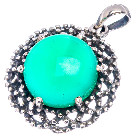 Green onyx cabochon pendant, .925 sterling silver bead halo with round loop
