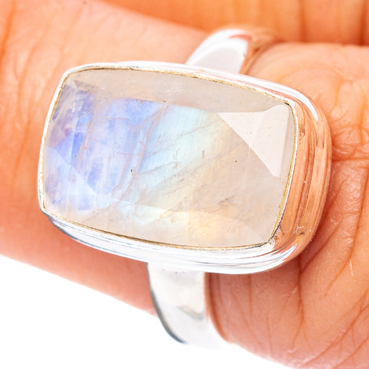 Silver moonstone ring with faceted rainbow flash, bezel setting, size 6.25
