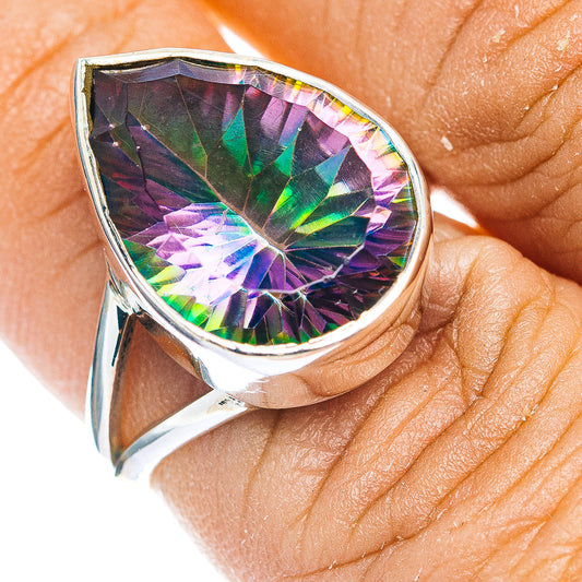 Sterling silver teardrop ring with faceted rainbow mystic topaz gemstone