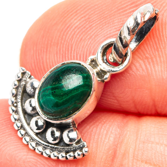 Oval green malachite cabochon dainty pendant in ornate .925 sterling silver setting